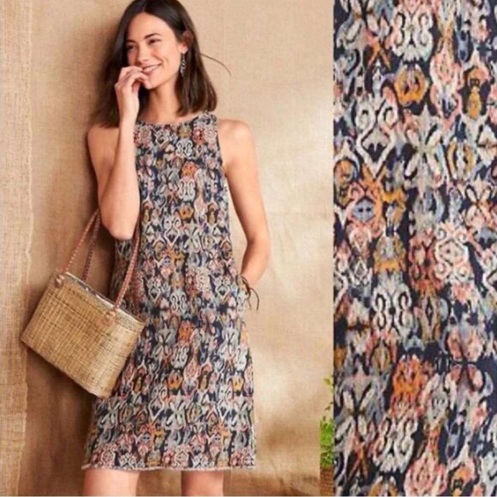 Garnet Hill Linen Dress Size 2 Fringe Hem A-Line Ikat Print Weave Aztec Batik